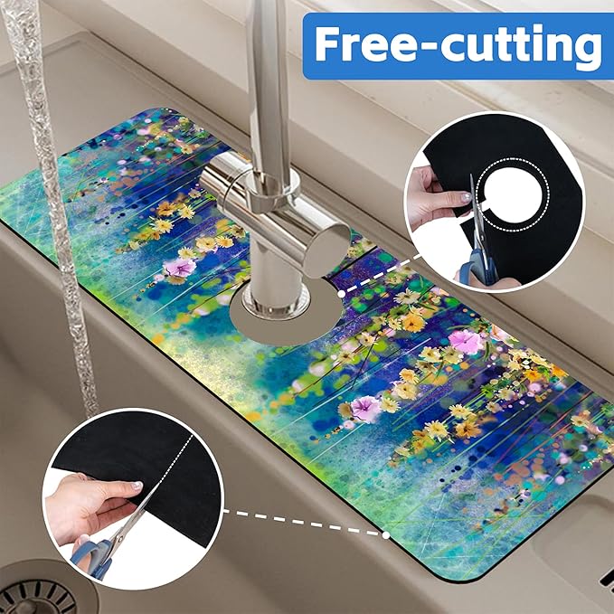 Abstract Watercolor Floral Kitchen Sink Splash Guard Mat Absorbent Fast Drying - Image 7