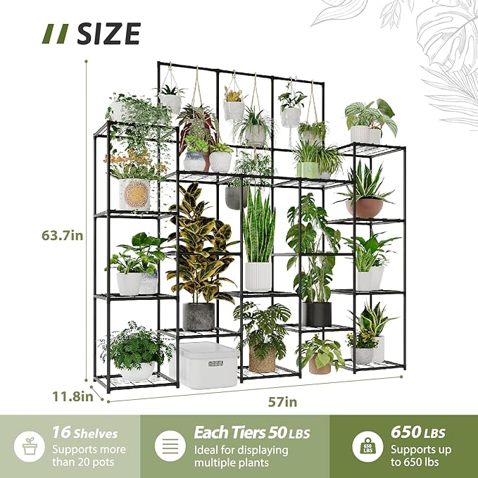 Metal Plant Stand Outdoor 63" Tall Plant Shelf for Plants 14-Tier Large Plant Sheves for Indoor Plants Living Room Heavy Duty Rack Garden Balcony Patio Hanging Planter - Image 6