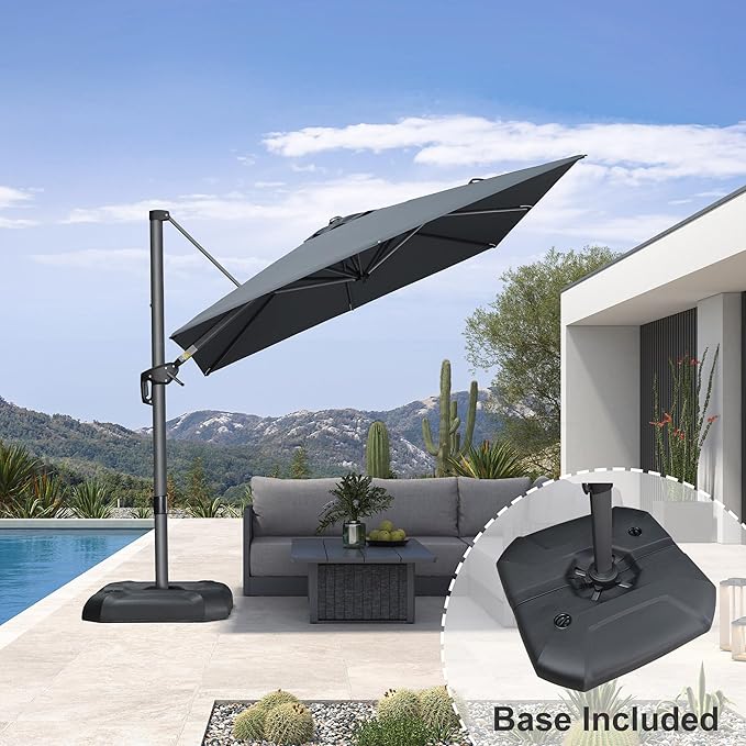 PURPLE LEAF 8 Feet Square Cantilever Umbrella Patio Umbrella with Base Outdoor Umbrella Aluminum Offset with 360-degree Rotation for Garden Deck Pool Patio, Grey - Image 2