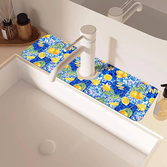 Blue Tiles and Yellow Lemon Sink Faucet Absorbing Mat Sink Splash Guard Faucet - Image 2