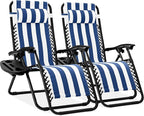 Best Choice Products Set of 2 Adjustable Steel Mesh Zero Gravity Lounge Chair Recliners w/Pillows and Cup Holder Trays - Mediterranean Blue Striped by BestChoiceProducts