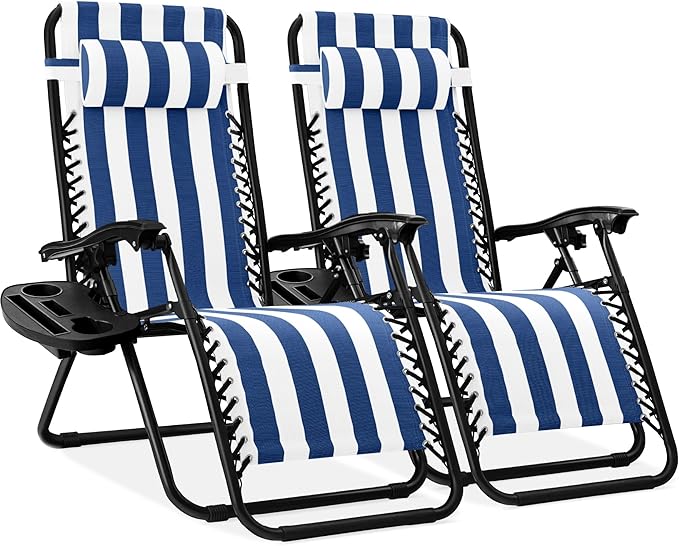 Best Choice Products Set of 2 Adjustable Steel Mesh Zero Gravity Lounge Chair Recliners w/Pillows and Cup Holder Trays - Mediterranean Blue Striped by BestChoiceProducts