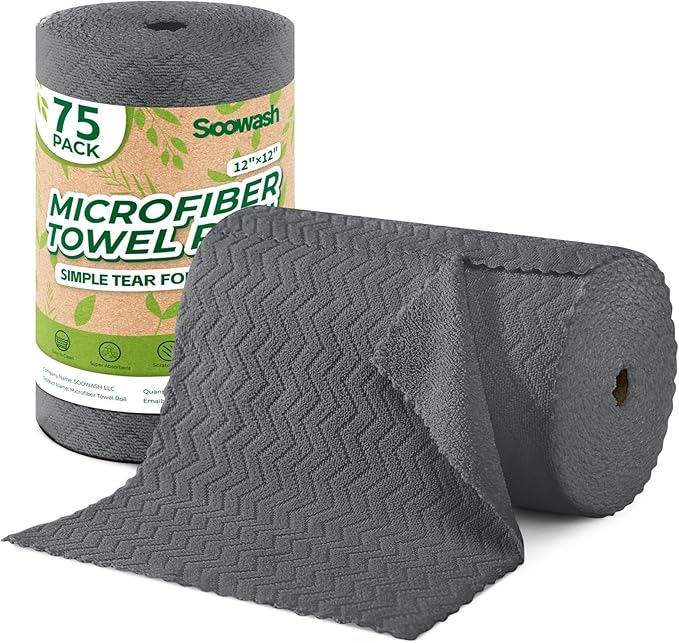 Microfiber Cleaning Cloths Roll, 75 Pack Tear Away Microfiber Towels Roll by SOOWASH