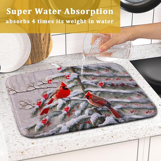 Red Birds Dish Drying Mat Winter Berry Dish Drainer Mats Absorbent Reversible - Image 7