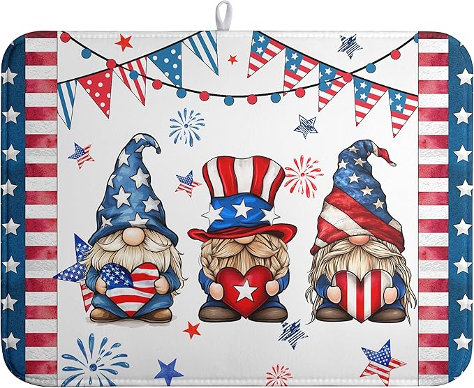 4th of July Gnomes Dish Drying Mat Patriotic Gnome Large Kitchen Mat Dish by farg