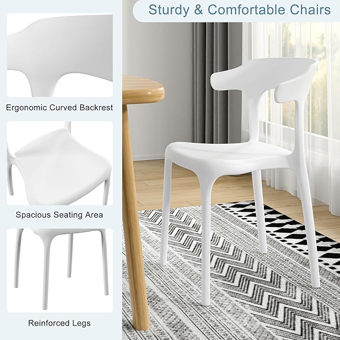 VECELO 4 Pack Plastic Stacking Chairs, Stackable Dining Chairs for Kitchen Restaurant Patio, Portable Indoor Outdoor Use, No Assembly Required, White - Image 6