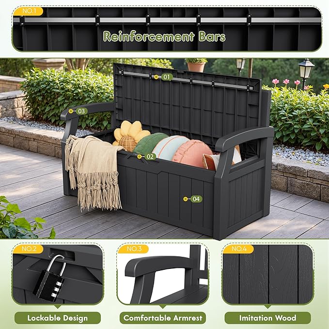 Greesum 80 Gallon Outdoor Storage Bench Deck Box with Cushion & Armrest, Lockable, Waterproof UV Resistant, Comfortable Seating for Patio, Pool, Garden, Black - Image 4