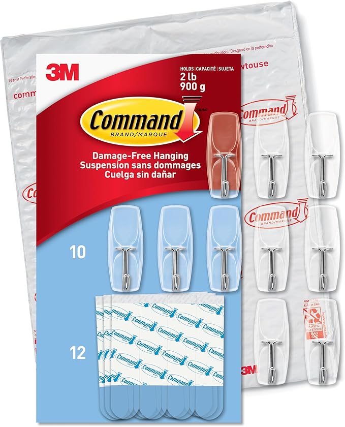 Command Medium Clear Wire Toggle Hooks, 10 Wall Hook and 12 Strips, Damage-Free by Command