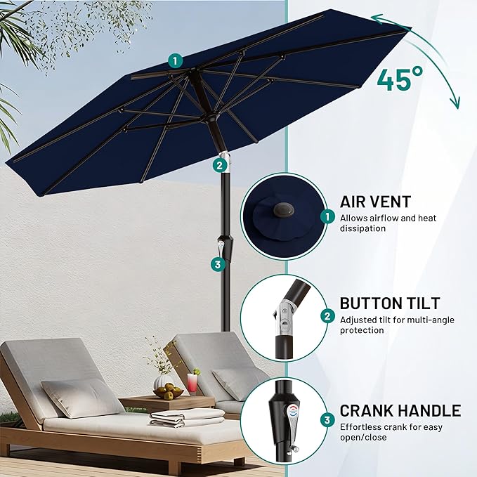AreShark 9 FT Patio Umbrella for Outdoor, Outdoor Umbrella with Push Button Tilt and Crank, Outdoor Patio Umbrellas with 8 Sturdy Ribs for Market, Garden, Deck, Backyard, Pool (Navy) - Image 5