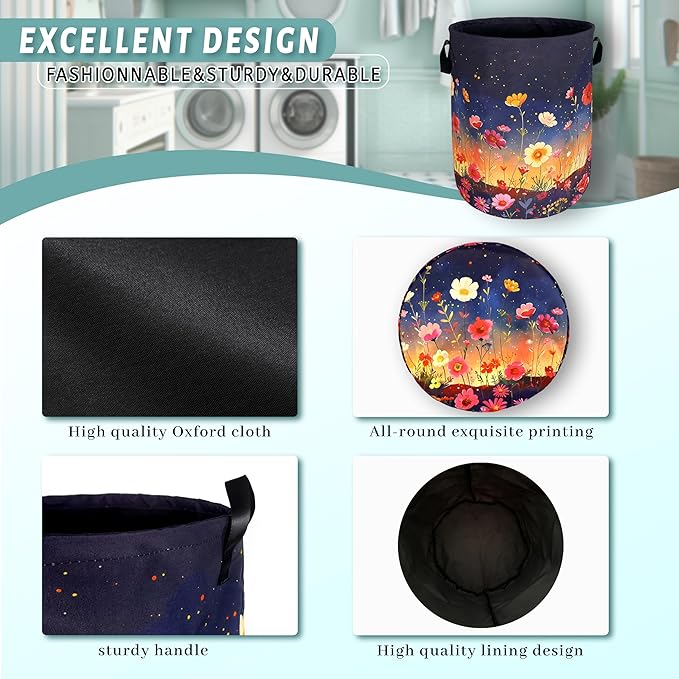 Colorful Flowers At Night Laundry Basket Floral Foldable Funny Laundry Hamper - Image 4