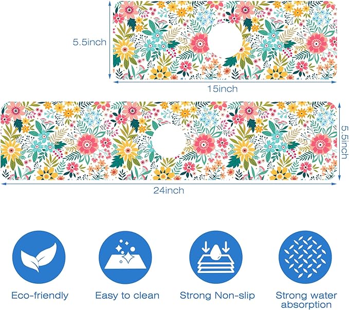 Colorful Floral Leaves Berries Kitchen Sink Splash Guard Mat Absorbent Fast - Image 3