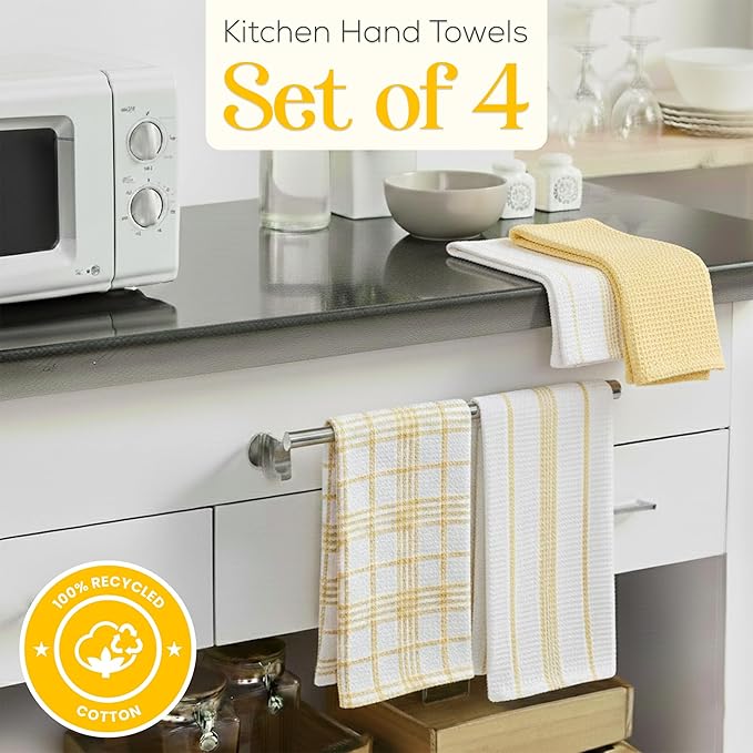 MosJos Kitchen Towels Set of 4 Dish Towels Yellow n White Waffle Weave Cotton - Image 2