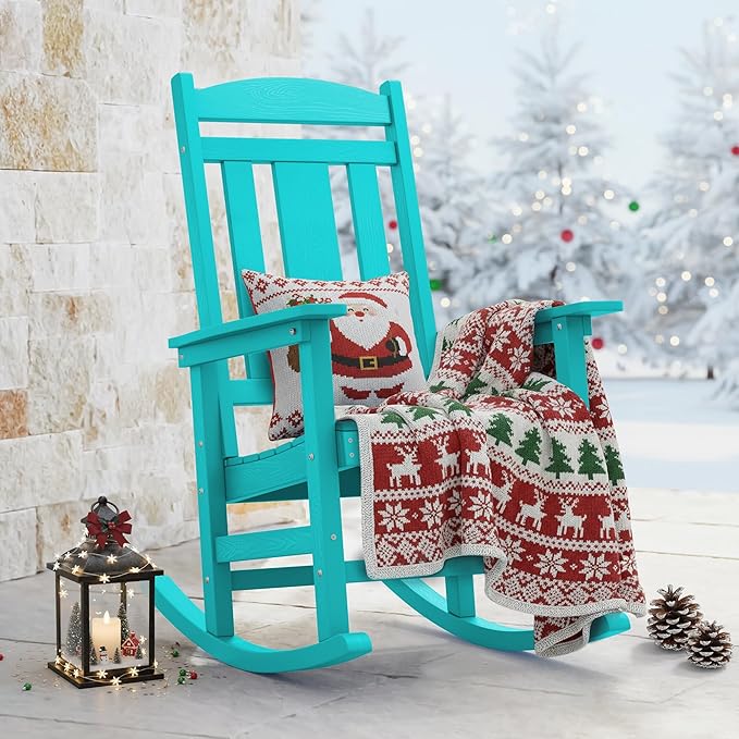 LUE BONA Rocking Chair Outdoor, Weather Resistant HDPS Plastic Rocker Chairs, 350lb Heavy Duty, Oversized Porch Rocker for Adult, High Back Smooth Rocking Chairs for Outdoor & Indoor, Aruba Blue by LUEBONA