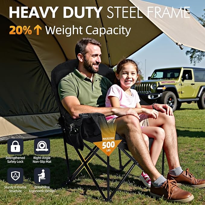 Oversized Camping Chairs for Adults - Heavy Duty Padded Outdoor Folding Lawn XL Camp Chair with Cup Holder Cooler Pockets for Outside Sports Beach Fishing Garden Portable Supports 500lbs, AllBlack - Image 5