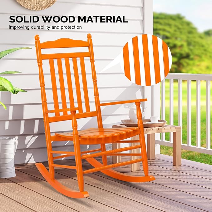 VINGLI Wooden Rocking Chair, Outdoor Chair with 450 lbs Support, Relaxing Rocker with Solid Wood High Back Seat Reclining Seat for Deck, Garden, Backyard, Porch, Indoor or Outdoor Use (Orange, 1PC) - Image 4