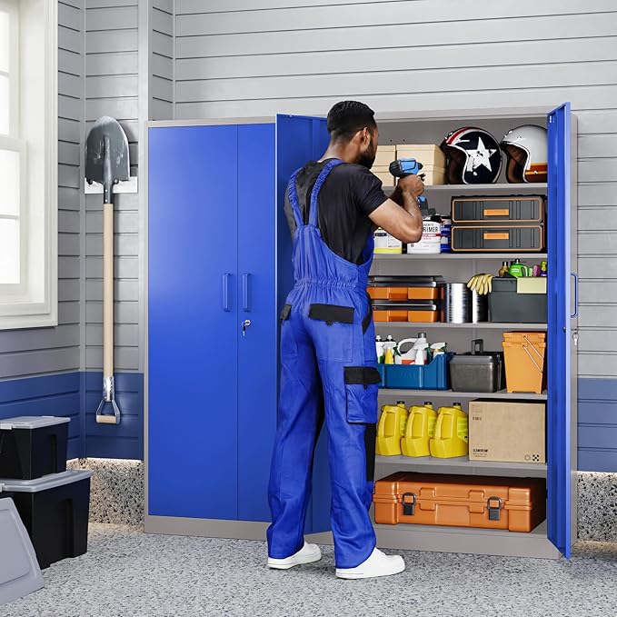Yizosh Metal Garage Storage Cabinet with 2 Doors and 5 Adjustable Shelves - 71" Steel Lockable File Cabinet,Locking Tool Cabinets for Office,Home,Garage,Gym,School (Gray Blue) - Image 6