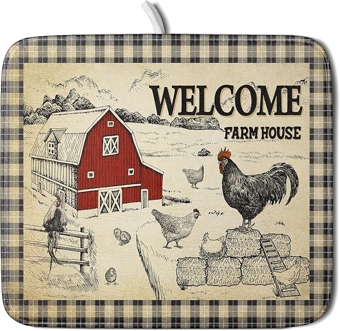 Farmhouse Rooster Dish Drying Mat 16x18 Inch Country Chicken Absorbent Dish by Giwawa