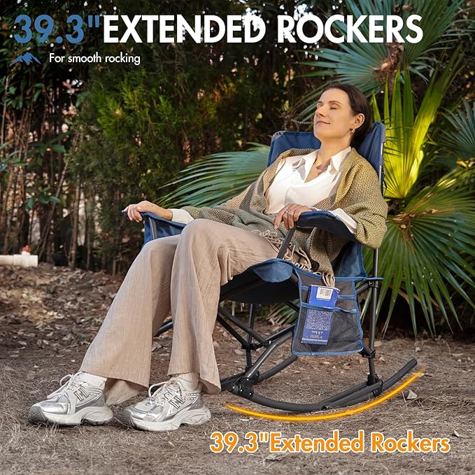 Portal Outdoor Rocking Chair Camping Folding Portable Rocker with Cup Holder Side Pocket Carry Bag, Support 350LBS (Mesh Blue) - Image 6
