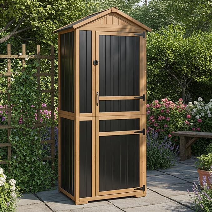 Outdoor Storage Cabinet, Wood & Metal Garden Shed with Waterproof Asphalt Roof, Patio Organizer with 3 Fixed Shelves & Removable Shelf for Long Tools, Lockable Magnetic Doors for Backyard Garage Pool by PETSCOSSET