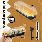 100 Pack Mini Cake Pans with Lids and Spoons Black Gold Rectangular Aluminum - Image 3