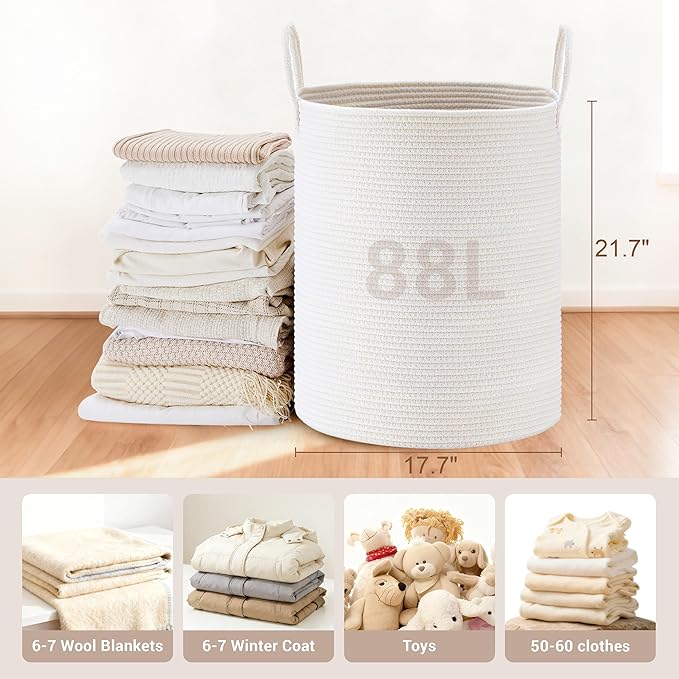 Tall Laundry Basket with Handles, 88L Portable Dirty Clothes Hamper, Boho - Image 2