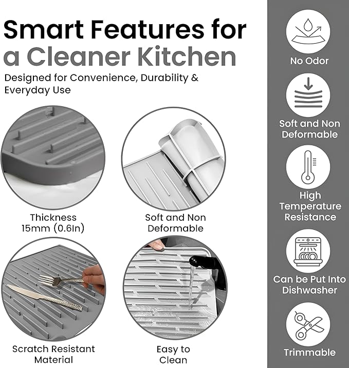 Silicone Dish Drying Mat with Raised Drain Spout, 15mm Thick Heat Resistant - Image 3