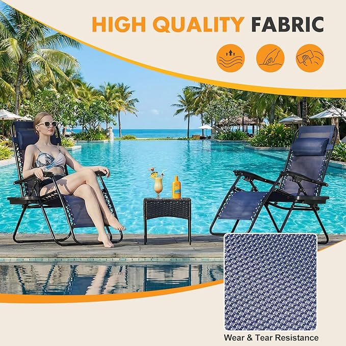 NEWBULIG Zero Gravity Chair Set of 2, Lounge Chair Folding Portable Adjustable Camping Reclining Chairs with Adjustable Pollow, Mesh Back, Cup Holder Trays Lawn Patio Chair for Pool Beach - Blue - Image 4