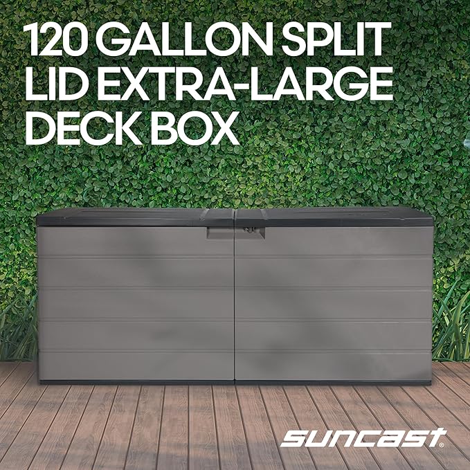 Suncast 120 Gallon Deck Box - Resin Outdoor Storage Box for Patio Cushions, Pool Accessories, & Garden Tools, Lockable Outdoor Storage Bin with Split Lid, Extra Large Dove Gray Outside Container - Image 2