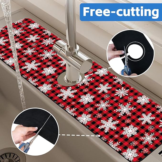 Christmas Snowflake Kitchen Sink Splash Guard Mat Buffalo Plaid Absorbent Fast - Image 7