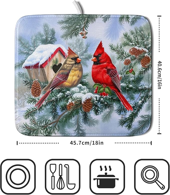 Winter Red Cardinal Bird Dish Drying Mat - Image 2
