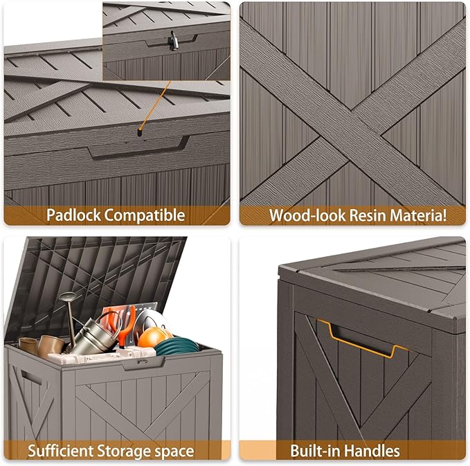 ROJIK Outdoor Storage Housing Deck Box - Waterproof Patio Furniture, Garden Tools, Cushions, Pool Accessories Storage Bench with Lockable Lid and Side Handles (Grey 38 Gal) - Image 4