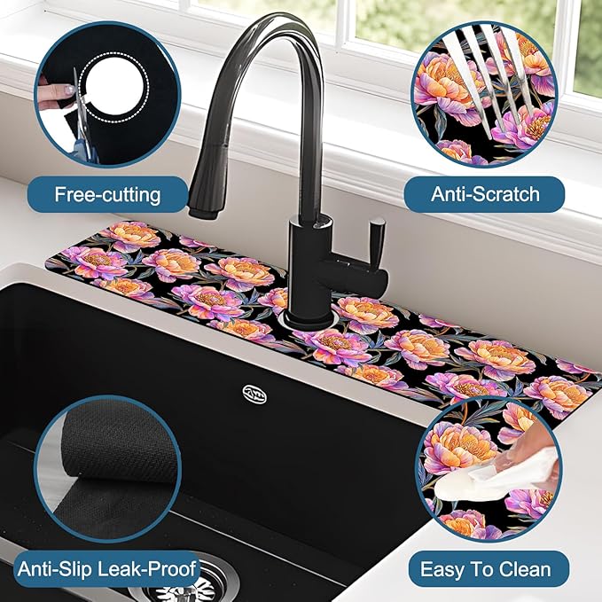 Colorful Peonies Sink Faucet Absorbing Mat Blooming Peonies Super Absorbent - Image 4