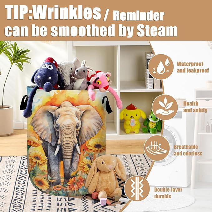 Watercolor Elephant Sunflower Laundry Basket, Foldable Wild Animals Laundry - Image 5
