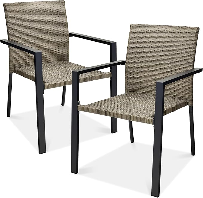 Best Choice Products Set of 2 Stackable Outdoor Wicker Dining Chairs All-Weather Firepit Armchair w/Armrests, Steel Frame for Patio, Deck, Garden, Yard - Taupe by BestChoiceProducts