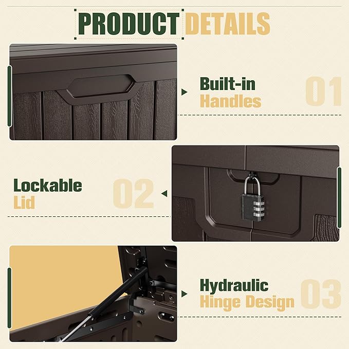 JUMMICO 250 Gallon Outdoor Resin Deck Box with Divider, Waterproof Storage Box with Lockable Lid&Side Handles for Garden Tools, Pools Supplies (Brown) - Image 2