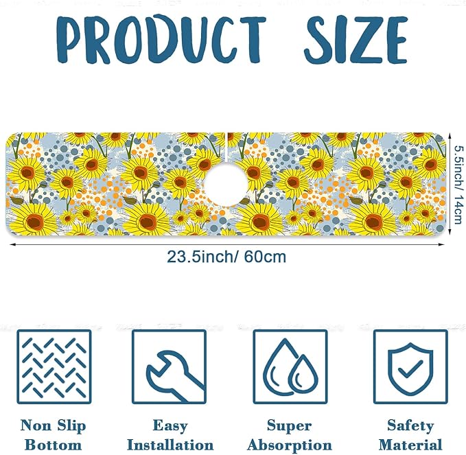 Watercolor Sunflowers Sink Splash Guard Faucet Mat Sunflowers Polka Dots Super - Image 2