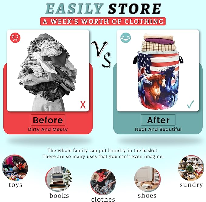 American Flag Horse Laundry Basket Patriotic Foldable Funny Laundry Hamper - Image 3