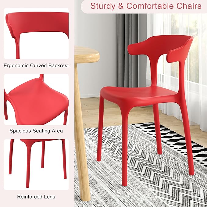 VECELO 4 Pack Plastic Stacking Chairs, Stackable Dining Chairs for Kitchen Restaurant Patio, Portable Indoor Outdoor Use, No Assembly Required, Red - Image 6