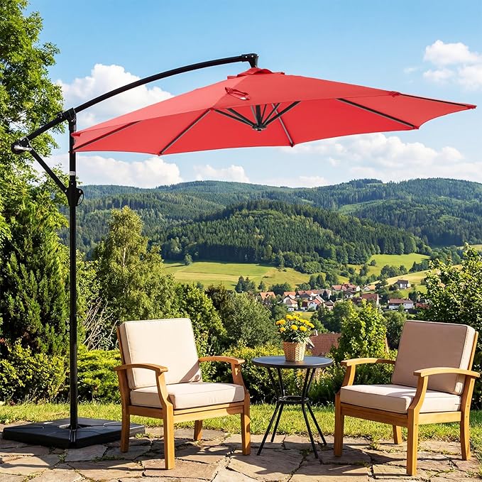 OLIXIS 9.7FT Offset Patio Umbrella with Base, Cantilever Table Umbrellas for Outdoor Sun Shade UV Protection with Easy Tilt Adjustment, 8 Ribs for Backyard, Lawn, Garden, Pool - Red - Image 6