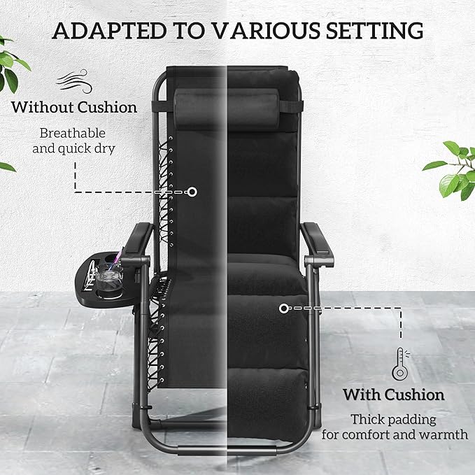 Outsunny Zero Gravity Chairs Set of 2, Reclining Folding Zero Gravity Lounge Chair, Outdoor Lounge Chairs with Removable Cushion, Headrest, and Cup Phone Holder Tray for Patio, Beach, Black - Image 5