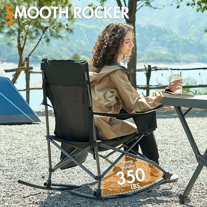 Portal Outdoor Rocking Chair Camping Folding Portable Rocker with Cup Holder Side Pocket Carry Bag, Support 350LBS (Black) - Image 5