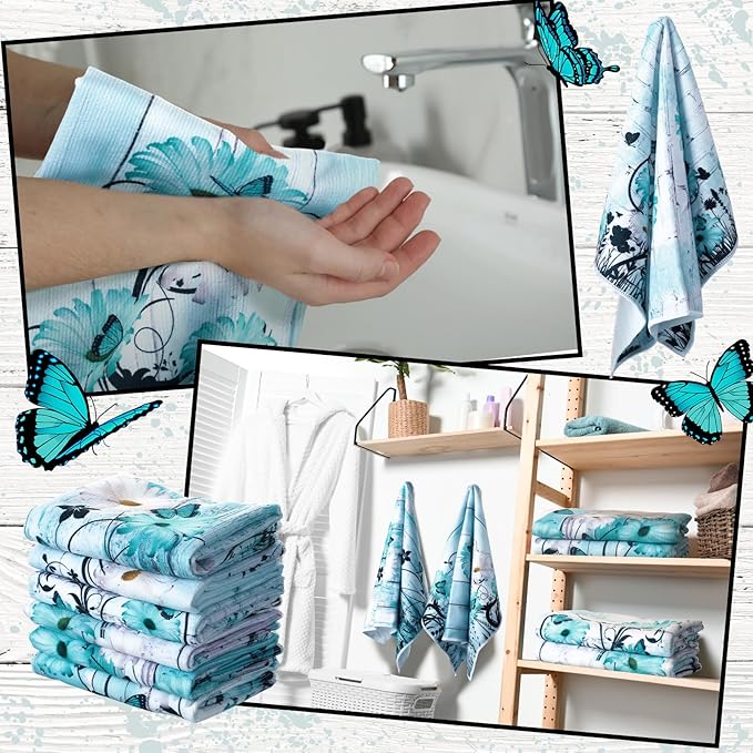 Breling Set of 6 Teal Daisy Kitchen Towel Vintage Themed Dish Towel Turquoise - Image 5