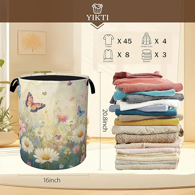 Spring Flowers Laundry Hamper, Watercolor Garden Wildflower Butterfly - Image 2