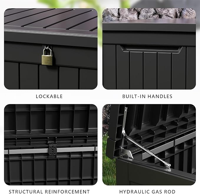 DRATO 280 Gallon Deck Box, Outdoor Large Waterproof Resin Storage Box with Lockable Lid for Patio Cushions, Gardening Tools（Black，280 Gallon） - Image 5