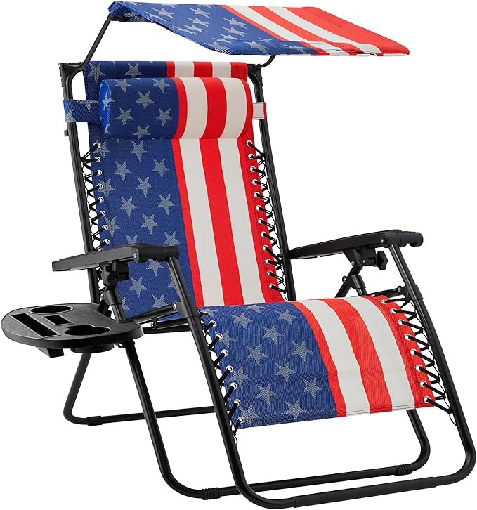 Best Choice Products Folding Zero Gravity Outdoor Recliner Patio Lounge Chair w/Adjustable Canopy Shade, Headrest, Side Accessory Tray, Textilene Mesh - American Flag by BestChoiceProducts