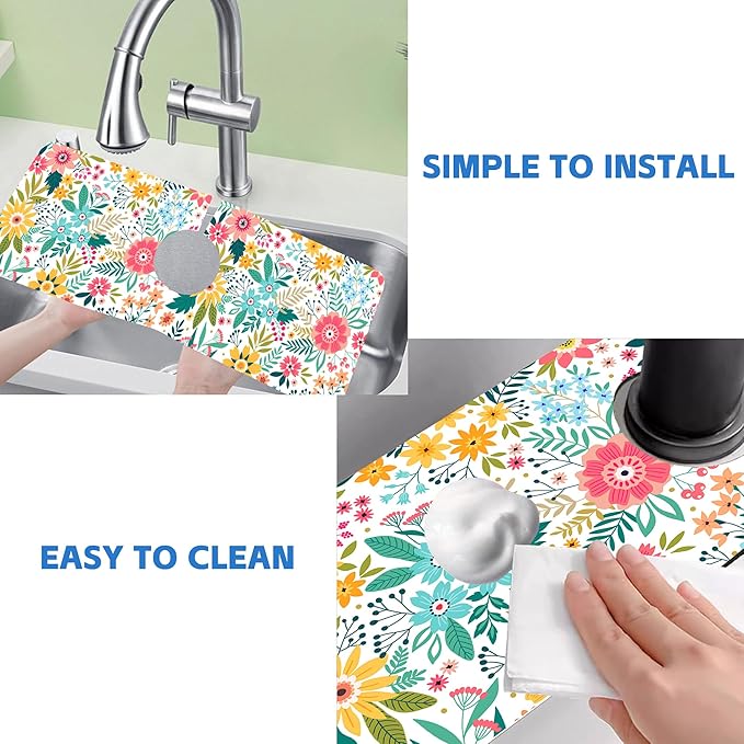 Colorful Floral Leaves Berries Kitchen Sink Splash Guard Mat Absorbent Fast - Image 5