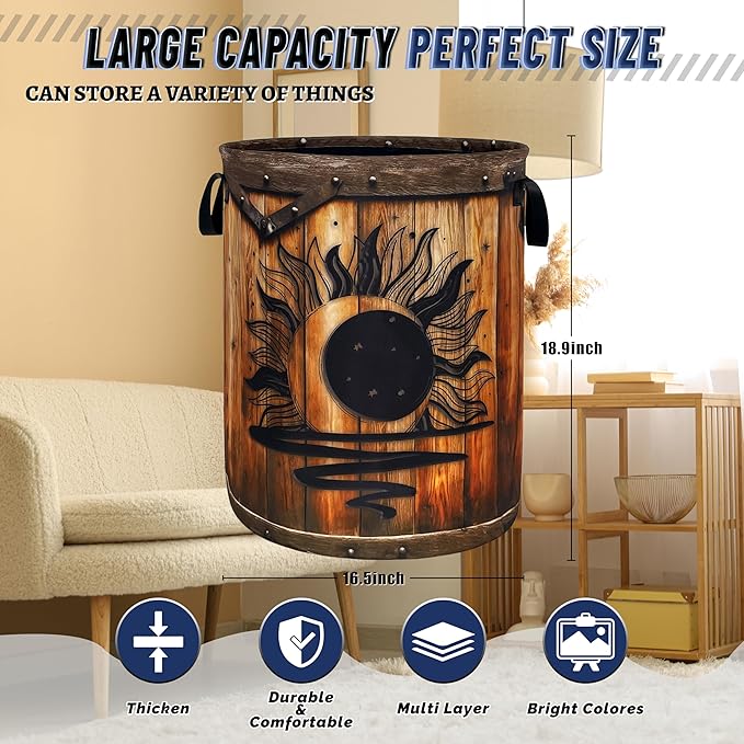 Moon Laundry Basket Oxford Cloth Vintage Stars Wooden Sun Laundry Hamper - Image 3