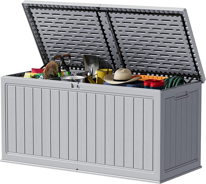 Devoko 260 Gallon Double-Wall Deck Box with Divider, Side Handles, Resin Outdoor Large Storage Box Waterproof and Lockable for Patio Furniture, Garden, Pool (Grey, 260 Gallon) by DEVOKO