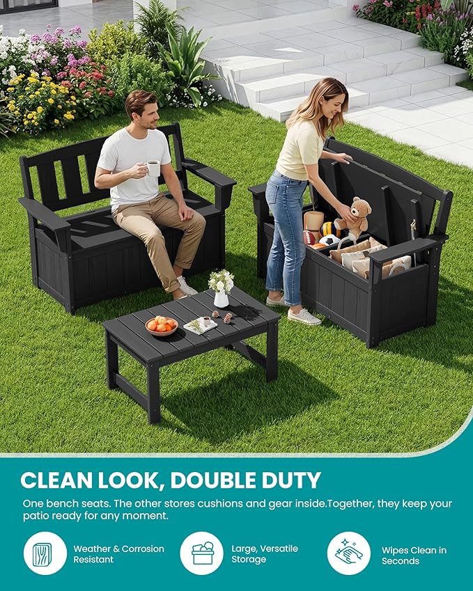 SERWALL HDPE Outdoor Storage Bench, All-Weather, UV-Resistant Deck Box with Waterproof Storage Bags, 57 Gallon Dual-Use Seat & Organizer Deck Boxes for Patio, Garden Tools & Pool (Matte Black) - Image 7