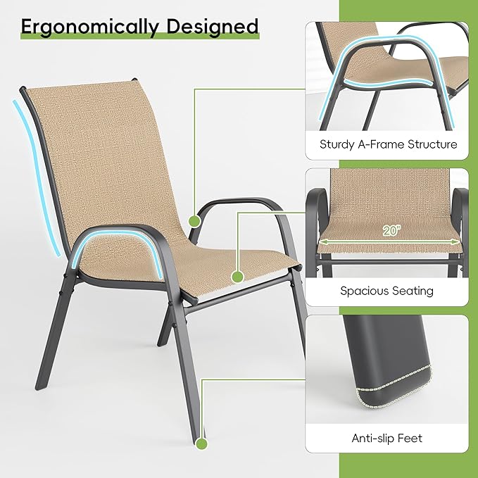 Patio Chairs Set of 2, Outdoor Dining Chairs Stackable for All Weather, Breathable Metal Modern Outside Furniture Chair for Pool Side, Garden, Backyard Deck, Brown - Image 6